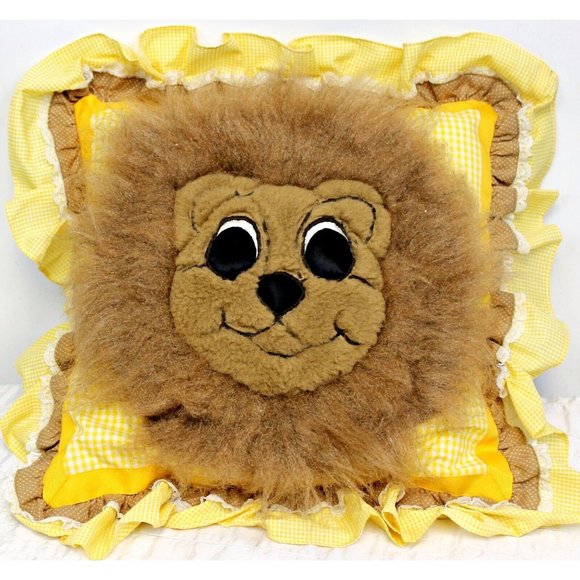 Vtg 70's 80's Hand Made Plaid Yellow Pillow 12" Faux Fur Lion Face Ruffle Trim - Picture 1 of 4